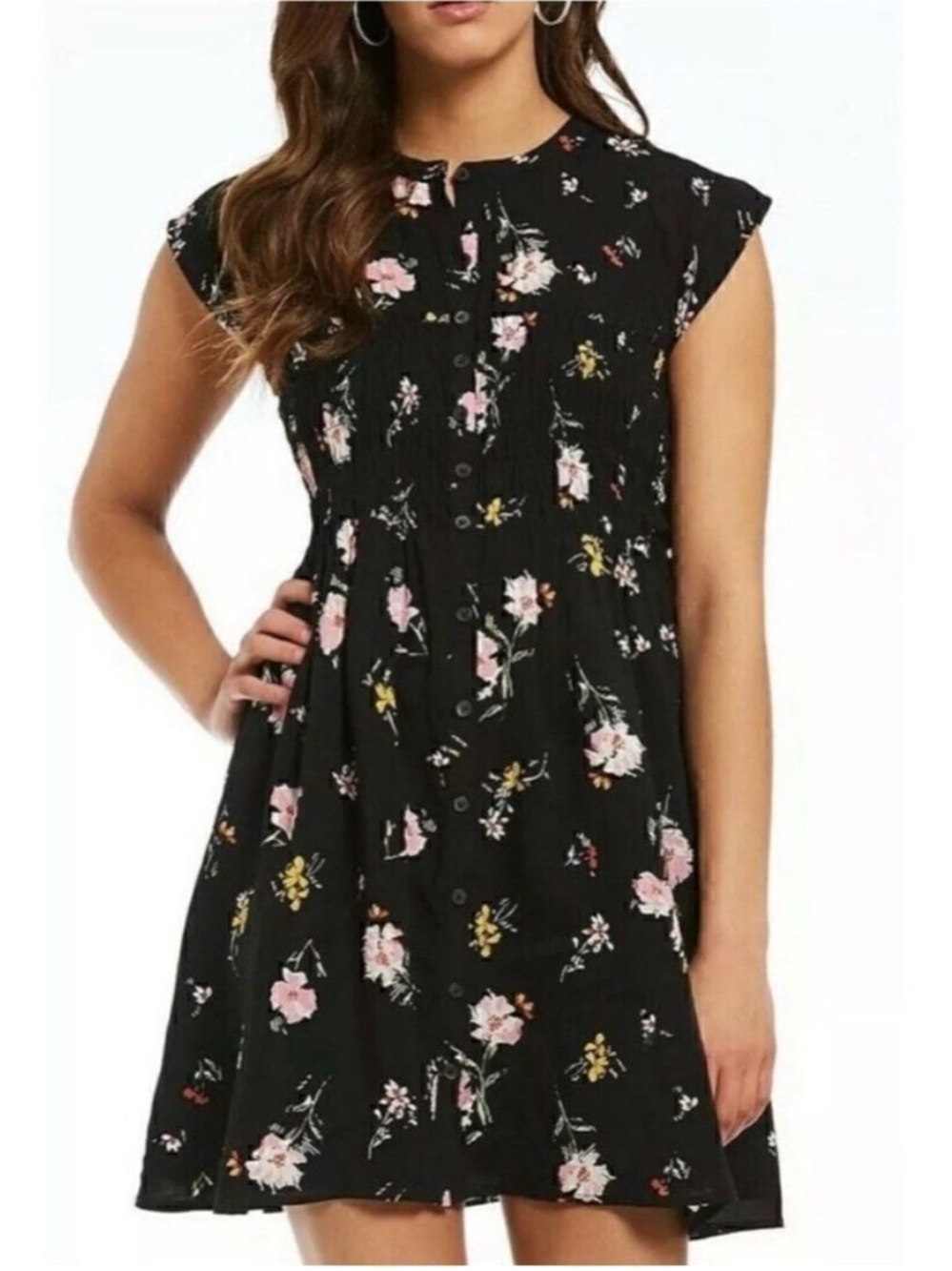 Free People Greatest Day Smocked Black Floral Mini Dress XS
